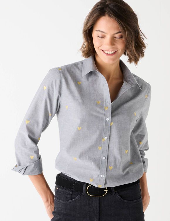 Chemisier boutonné chambray imprimé coeurs (gris / doré) Chemisier boutonné chambray imprimé coeurs (gris / doré)